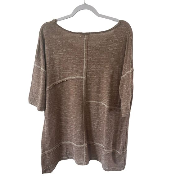 Umgee Womens Top Tunic Oversized L Brown Raw Hem Terry knit patchwork - Picture 2 of 4